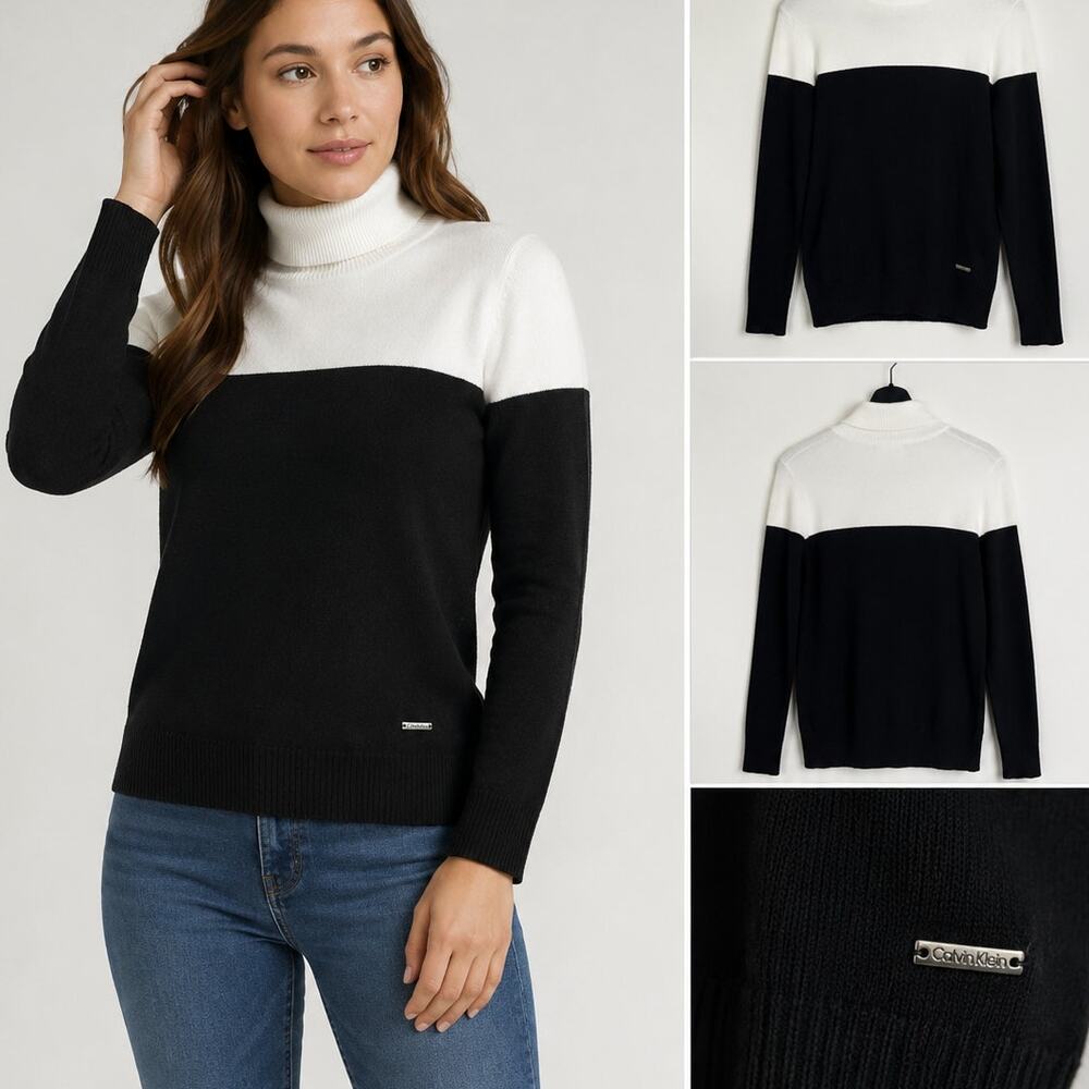 Calvin Klein Women’s Color Block Turtle Neck Black Gray Sweater size Small